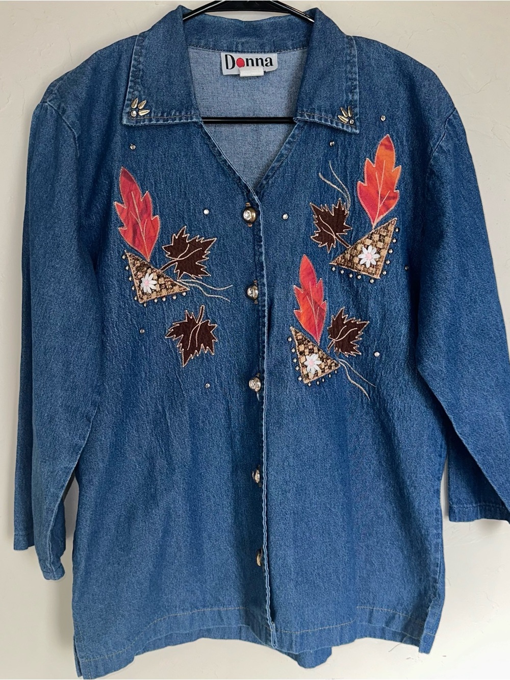 Donna Blue Denim Jacket with Red and Brown Leaf Appliqués